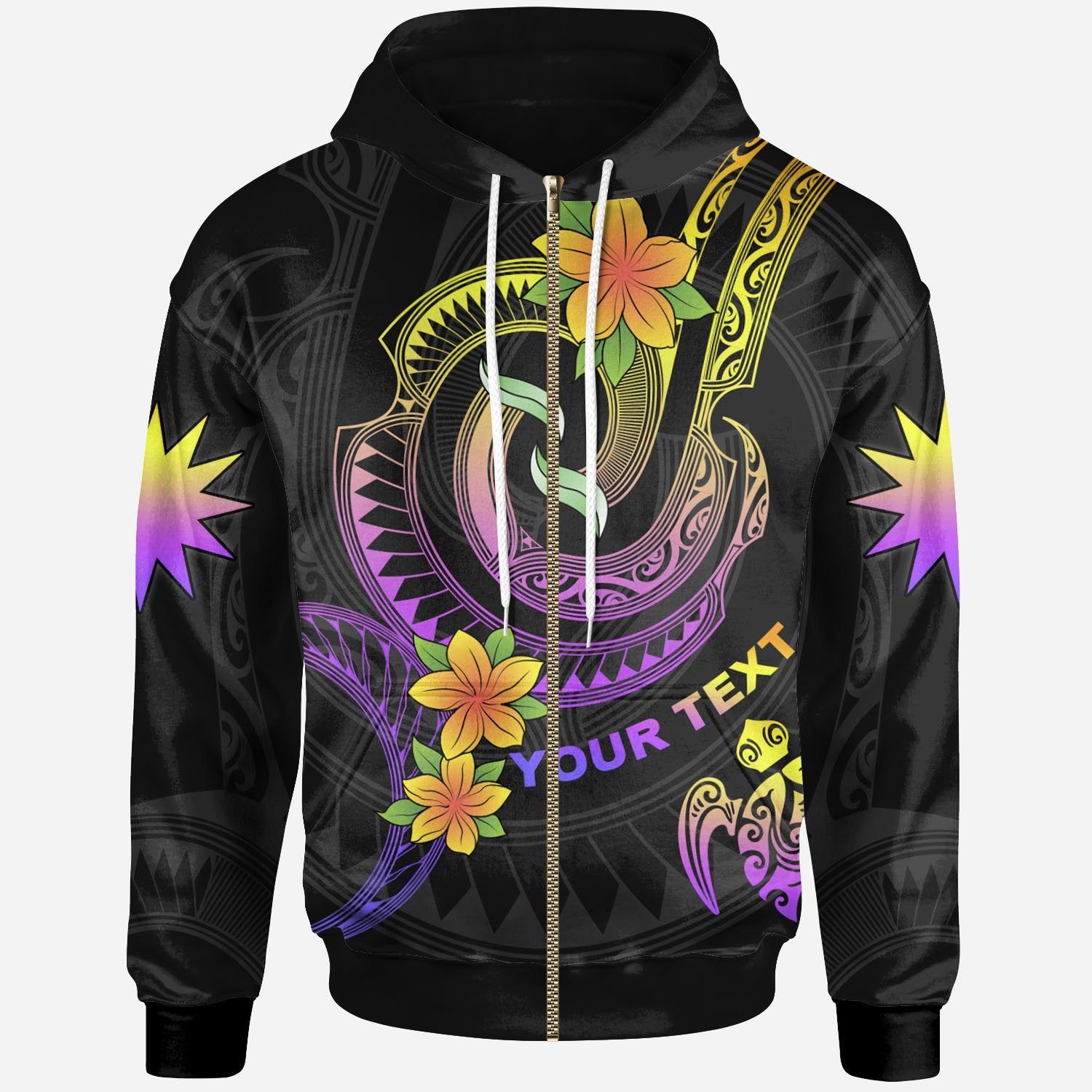 Nauru Custom Zip up Hoodie Plumeria Flowers with Spiral Patterns Unisex Black - Polynesian Pride