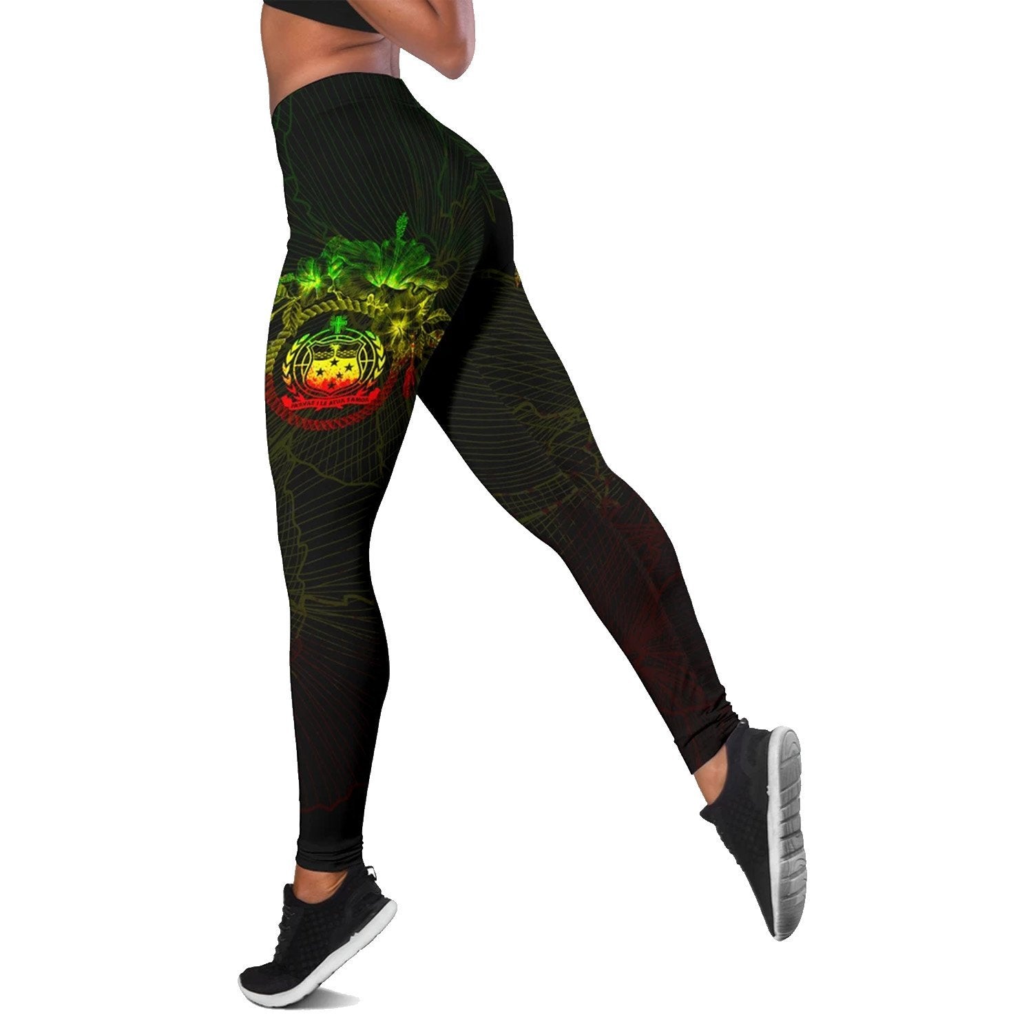 Samoa Polynesian Women's Legging - Reggae Turtle Hibiscus Flower Frame Vintage Black - Polynesian Pride