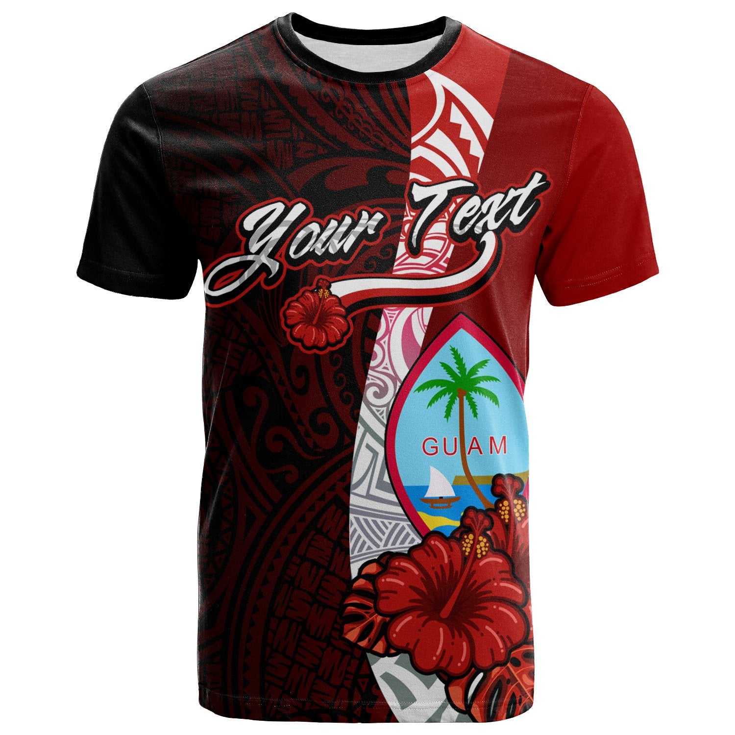 Guam Polynesian Custom T Shirt Coat of Arm With Hibiscus Unisex Red - Polynesian Pride