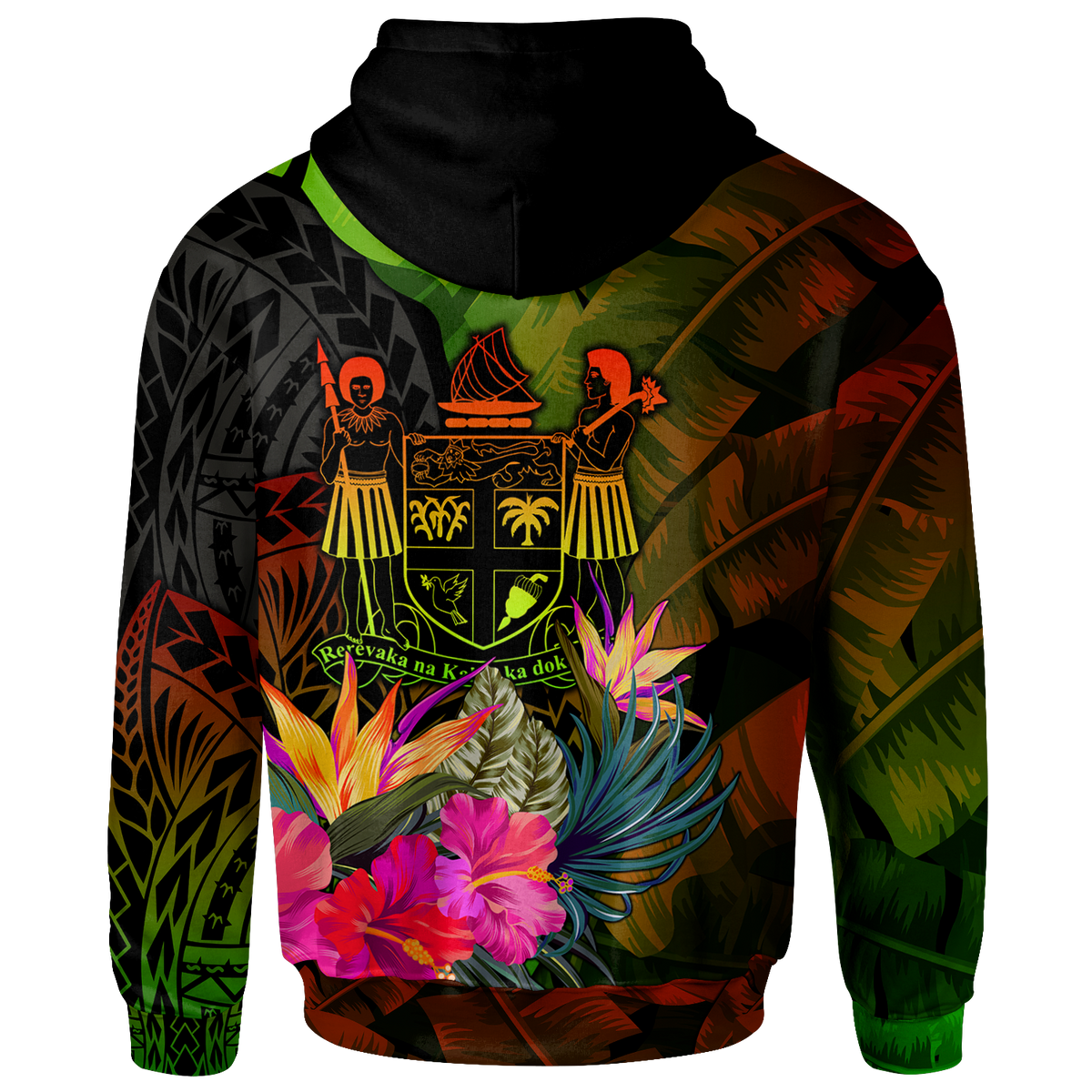 Fiji Polynesian Zip up Hoodie Hibiscus and Banana Leaves - Polynesian Pride