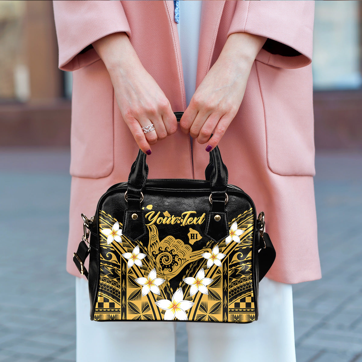 (Custom Personalised) Hawaii Shaka Shoulder Handbag - Plumeria Flowers - LT12 - Polynesian Pride