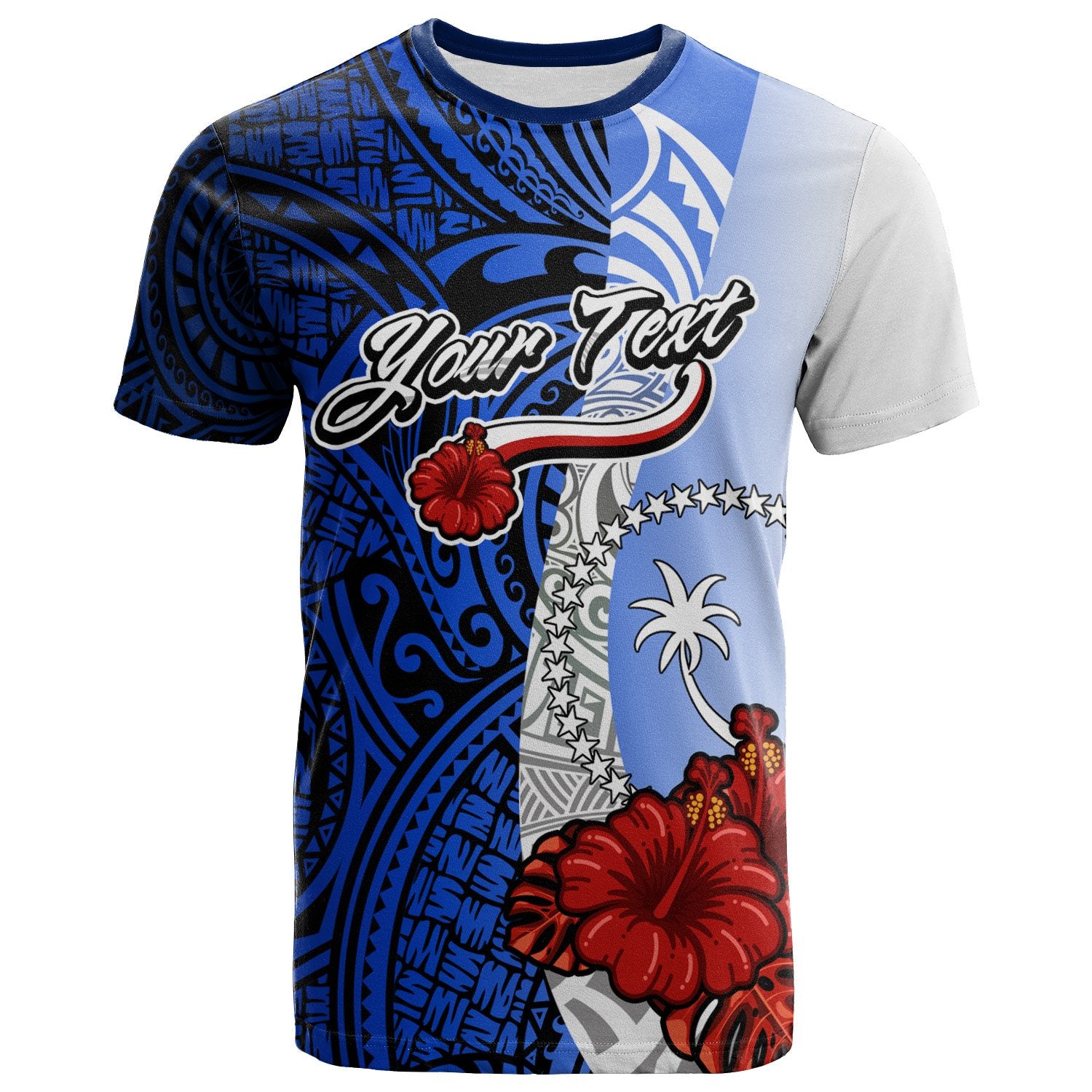 Chuuk Micronesia Custom T Shirt Coat of Arm With Hibiscus Blue Unisex Blue - Polynesian Pride