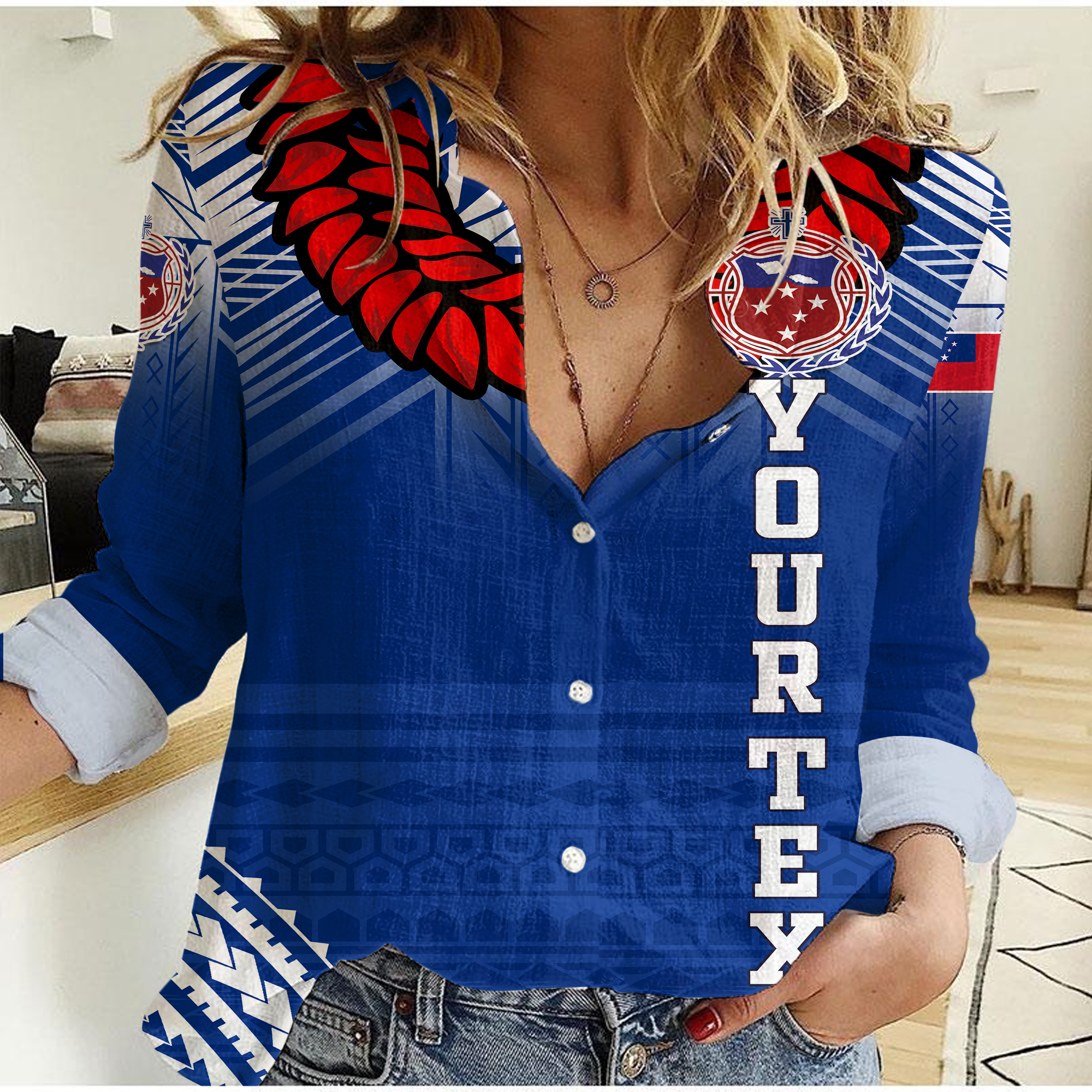 (Custom Personalised) Toa Samoa Rugby Ula Fala Art Women Casual Shirt - LT12 Female Blue - Polynesian Pride