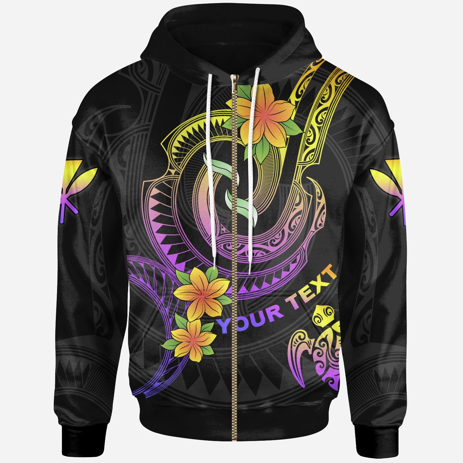 Hawaii Custom Zip up Hoodie Plumeria Flowers with Spiral Patterns Unisex Black - Polynesian Pride