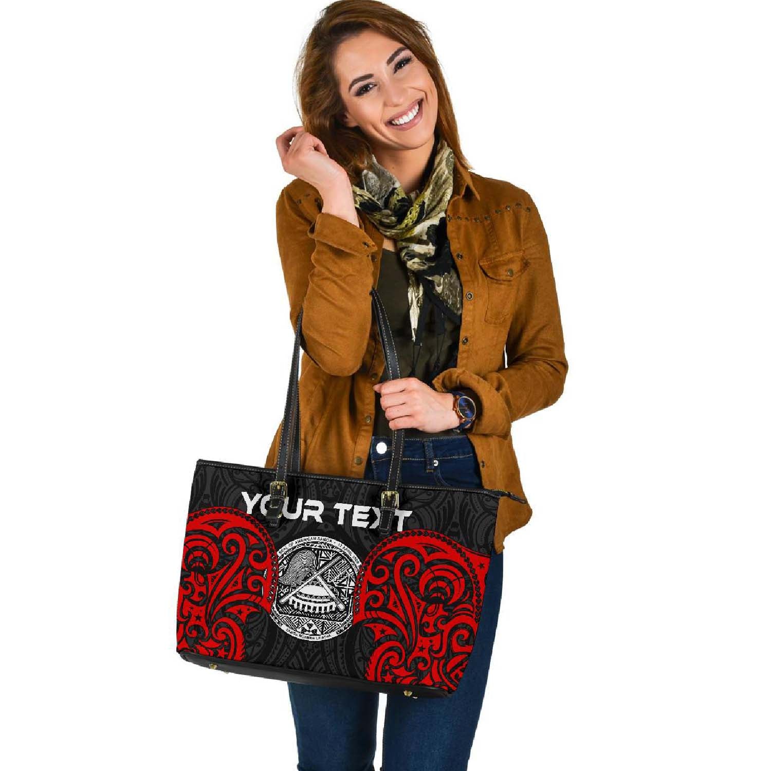 American Samoa Polynesian Custom Personalised Large Leather Tote - American Samoan Spirit Red - Polynesian Pride