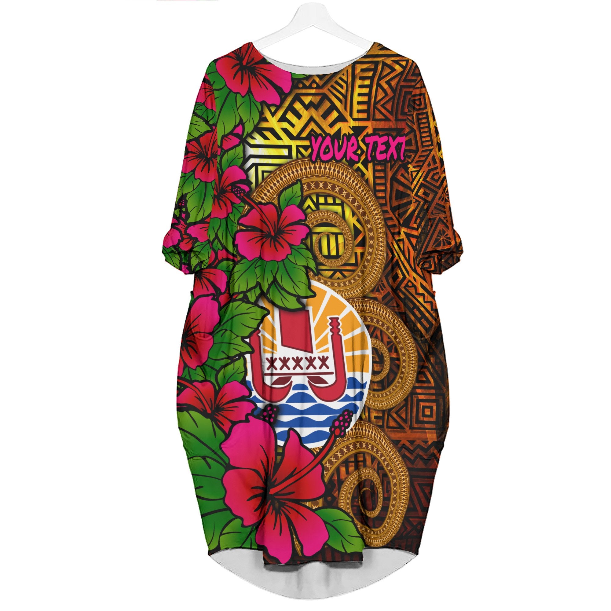 Tahiti Polynesian Custom Personalised Batwing Pocket Dress - Hibiscus Vintage Women Gold - Polynesian Pride