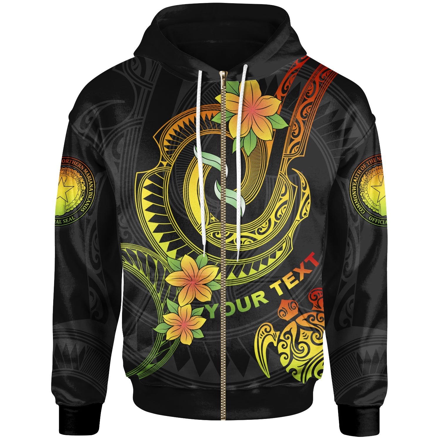 Northern Mariana Islands Custom Zip up Hoodie Reggae Plumeria Flowers with Spiral Patterns Unisex Reggae - Polynesian Pride