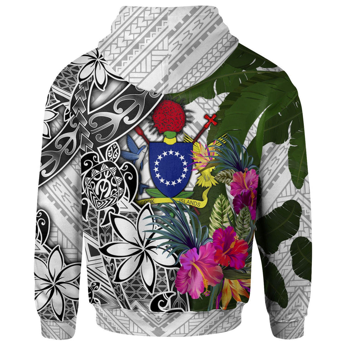 Cook Islands Zip up Hoodie White Turtle Plumeria Banana Leaf - Polynesian Pride