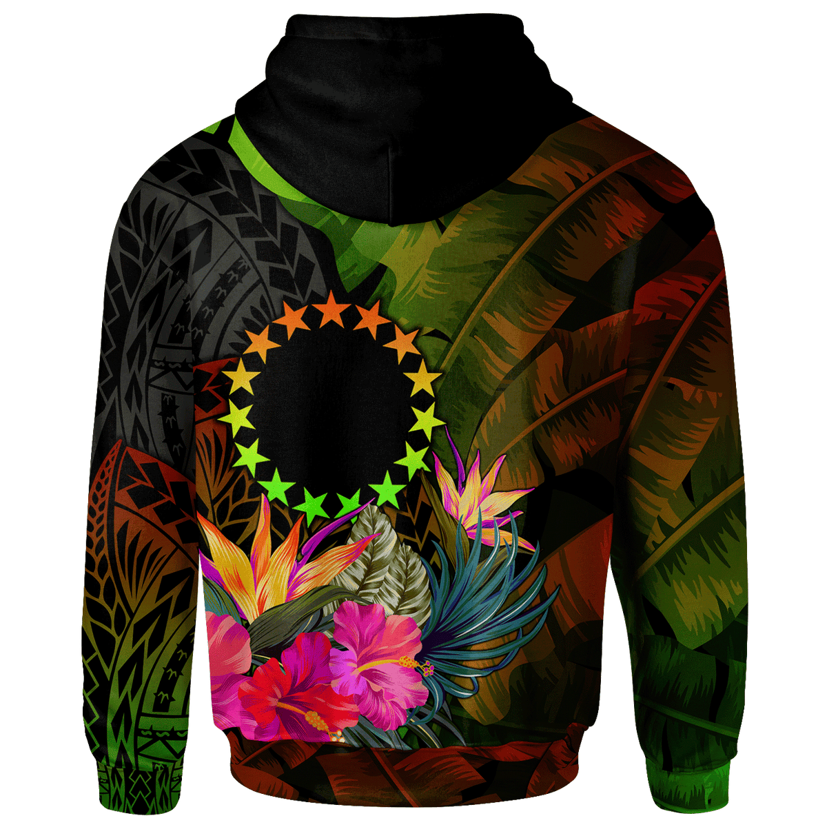 Cook Islands Polynesian Custom Zip up Hoodie Hibiscus and Banana Leaves - Polynesian Pride