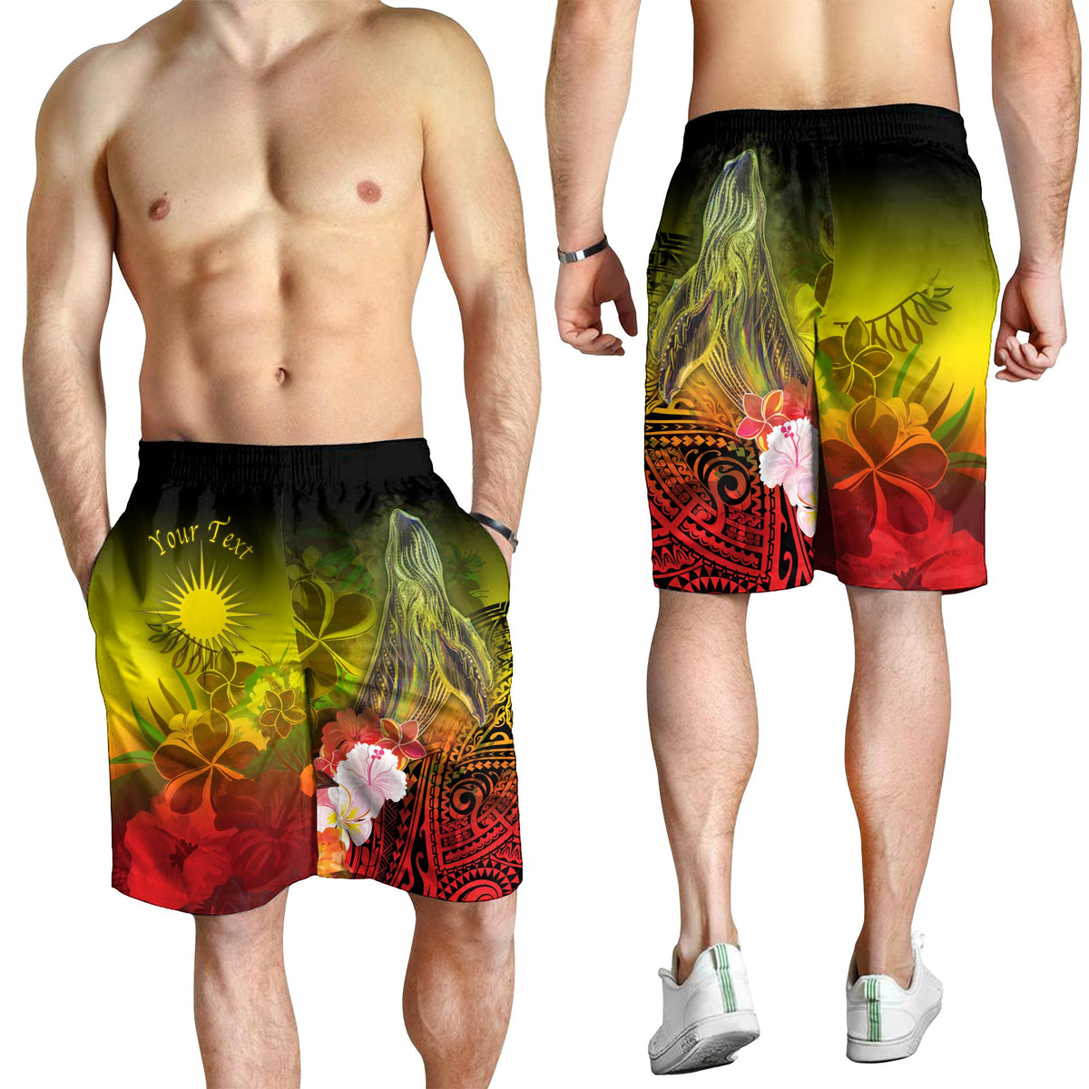 Marshall Islands Custom Personalised Men's Shorts - Humpback Whale with Tropical Flowers (Yellow) - Polynesian Pride