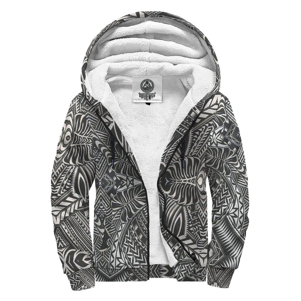 Black and White Palm Polynesian Sherpa Hoodie Black and White - Polynesian Pride