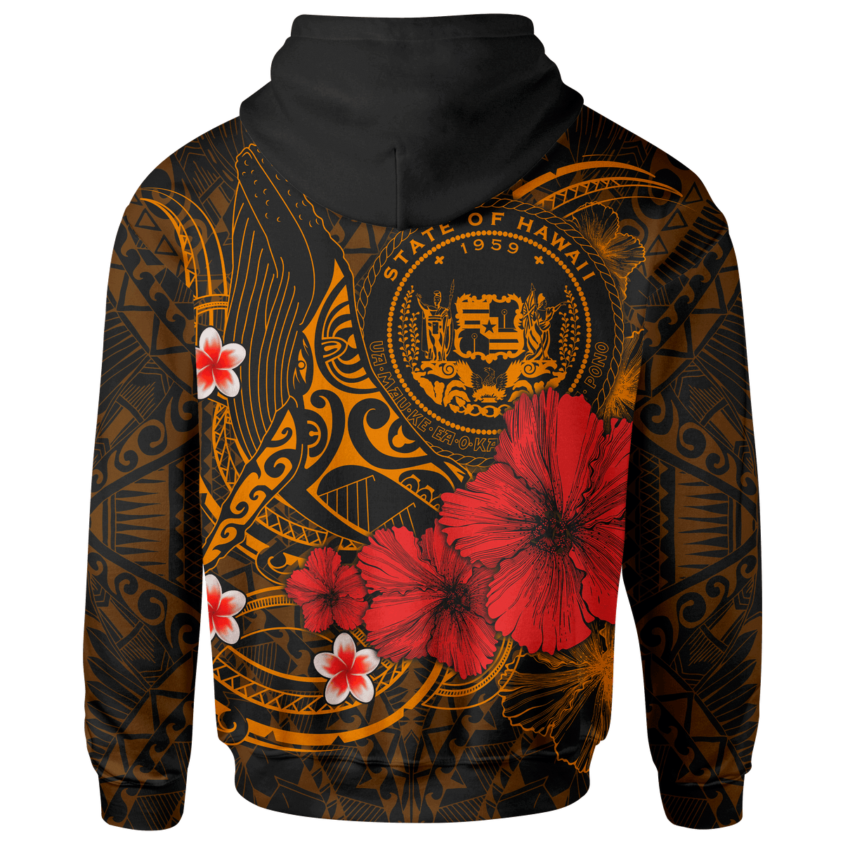 Polynesian Hawaii Hoodie Humpback Whale with Hibiscus (Golden) - Polynesian Pride