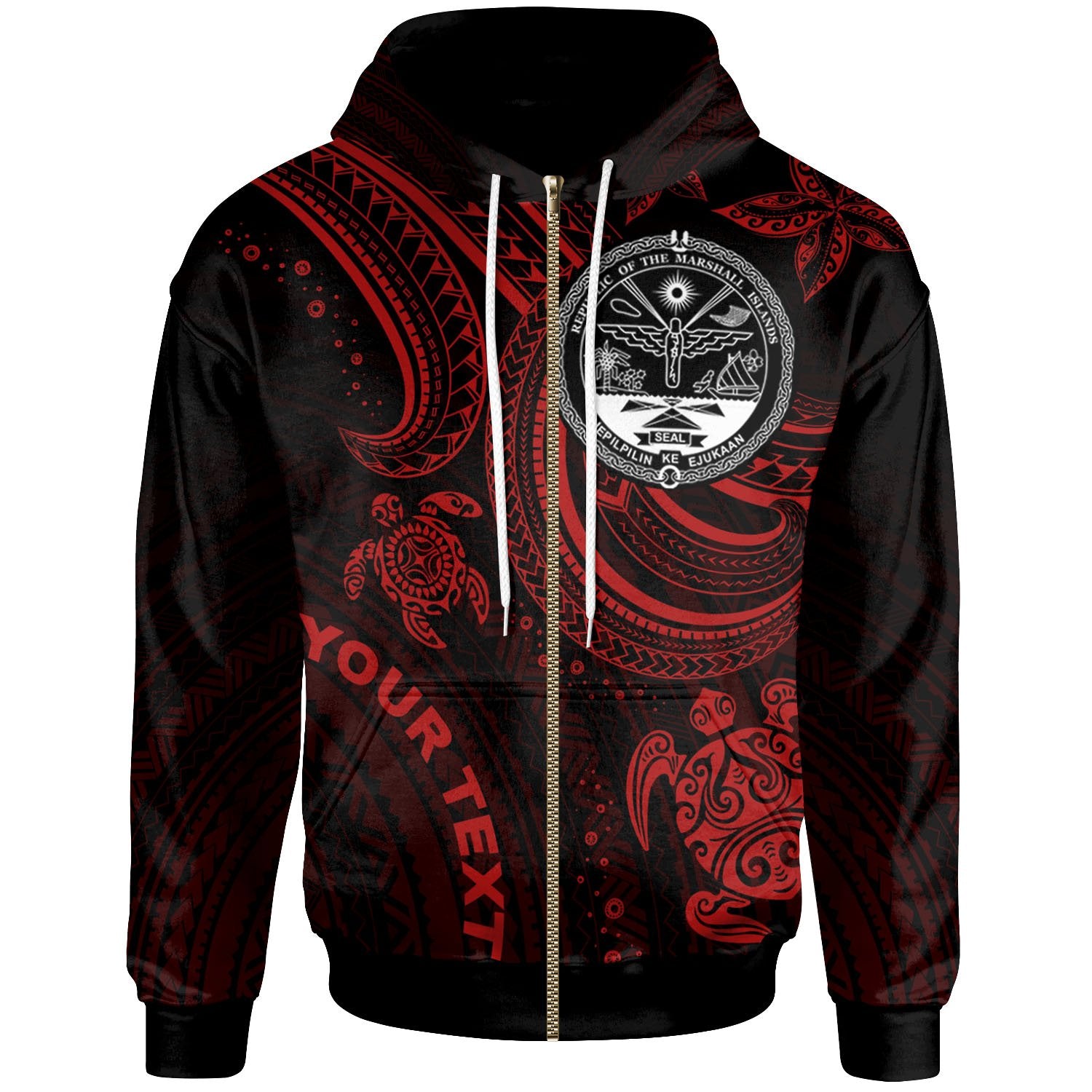 Marshall Islands Custom Zip up Hoodie Coat of Arm with Red Turtle Unisex Red - Polynesian Pride