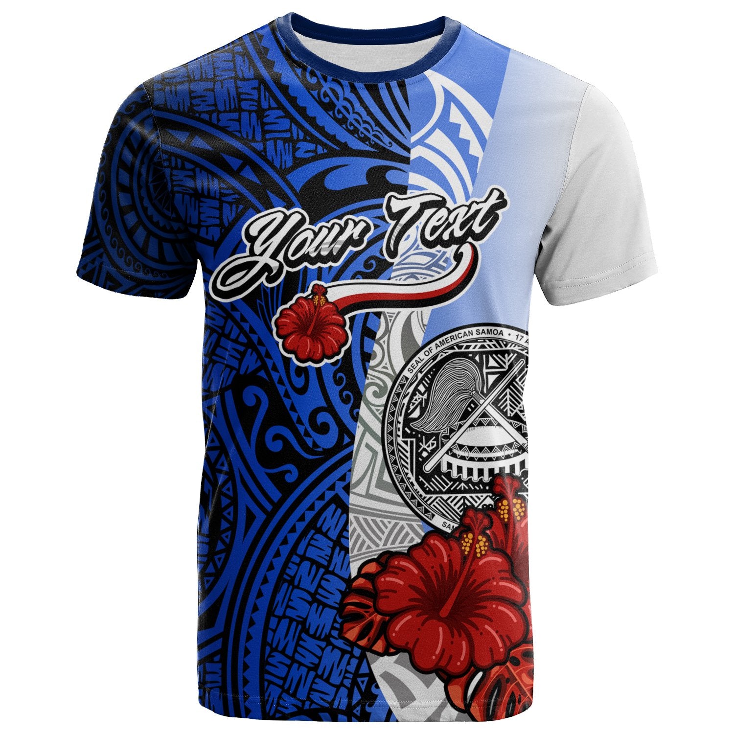 American Samoa Polynesian Custom T Shirt Coat of Arm With Hibiscus Blue Unisex Blue - Polynesian Pride