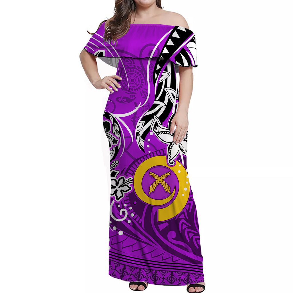 Vanuatu Color Off Shoulder Long Dress Pig Tusk Version Purple LT13 Long Dress Purple - Polynesian Pride