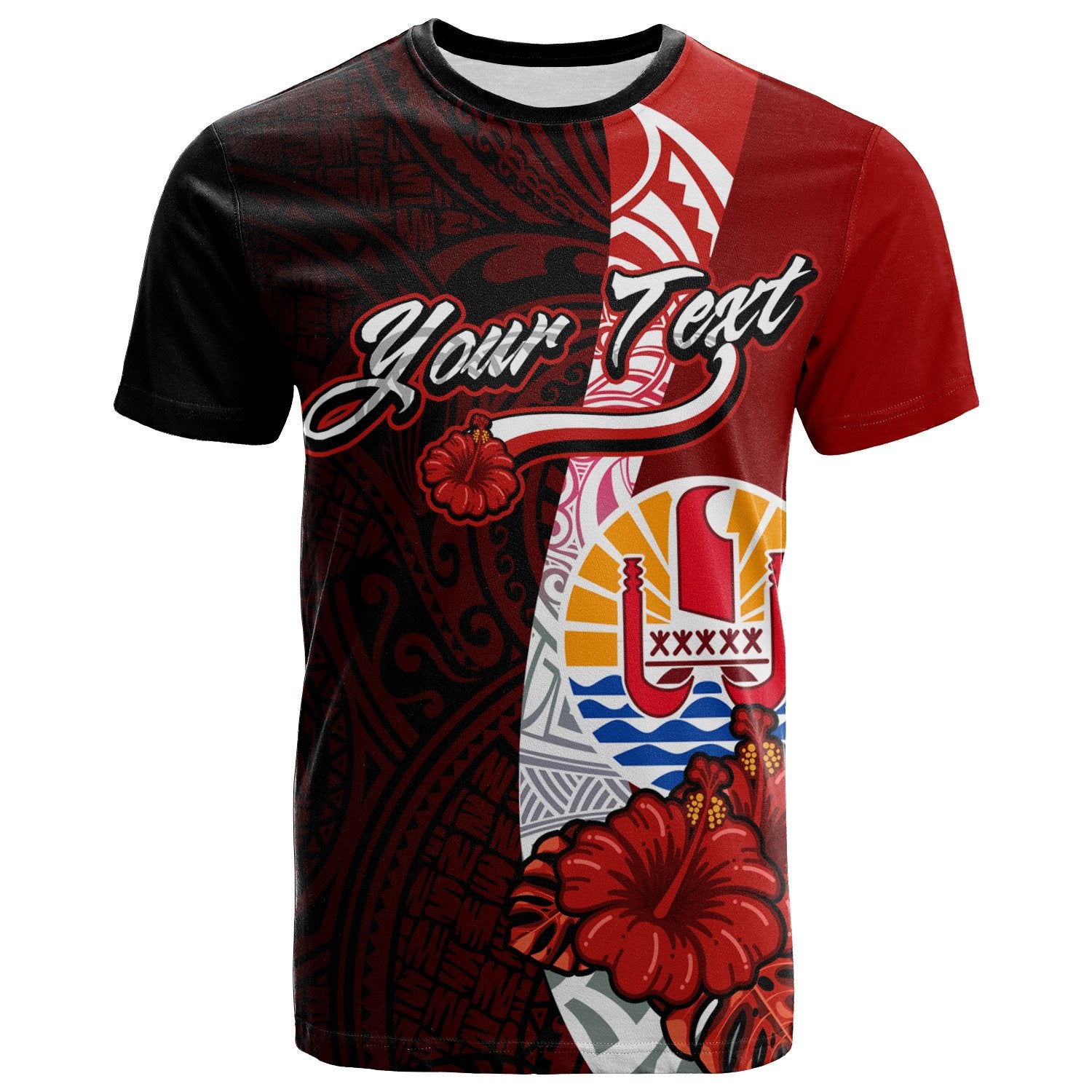 Tahiti Polynesian Custom T Shirt Coat of Arm With Hibiscus Unisex Red - Polynesian Pride