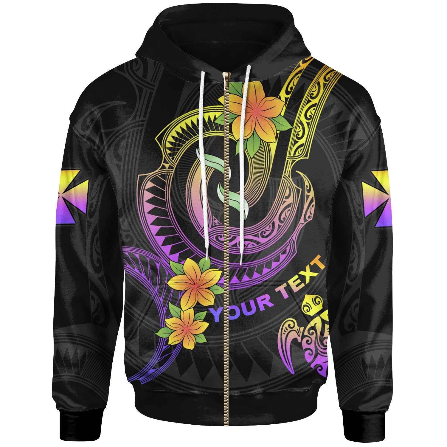 Wallis and Futuna Custom Zip up Hoodie Plumeria Flowers with Spiral Patterns Unisex Black - Polynesian Pride