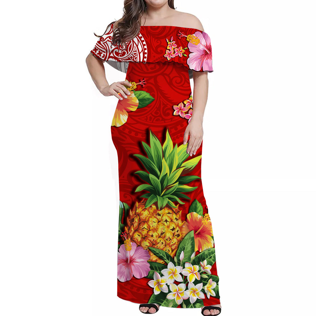 Hawaii Off Shoulder Long Dress Red Polynesia Pineapple LT13 Women Red - Polynesian Pride