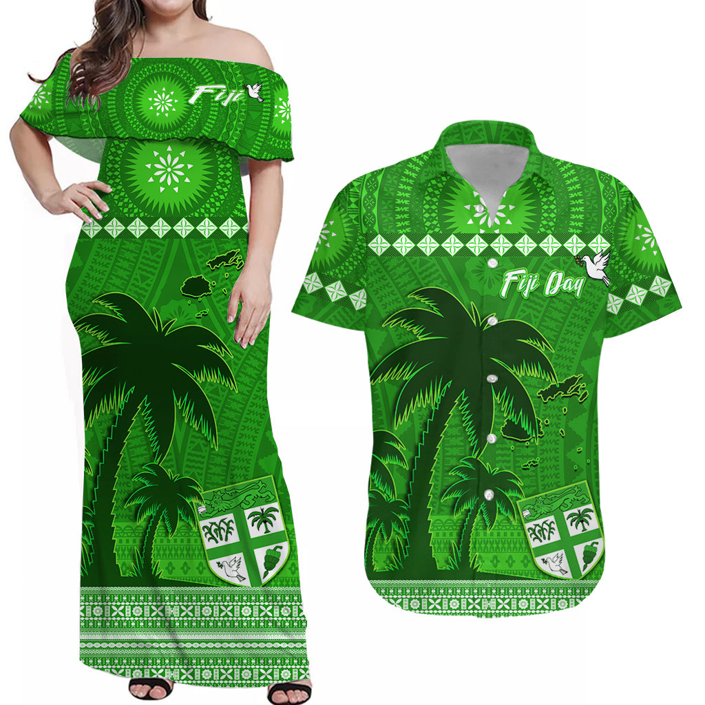 Custom Bula Fiji Matching Hawaiian Shirt and Dress Fijian Tapa Patterns with Palm Tree Green LT13 Green - Polynesian Pride