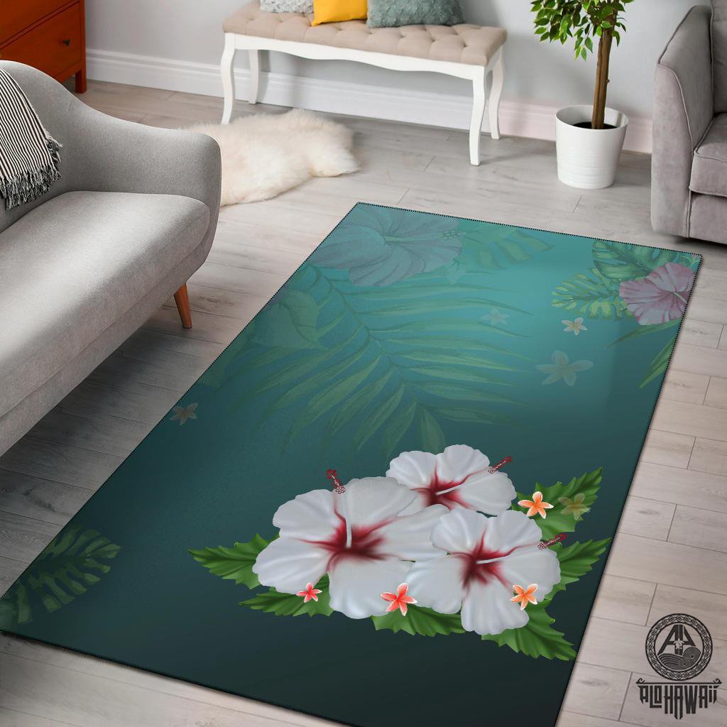 White Hibiscus Area Rug Black - Polynesian Pride