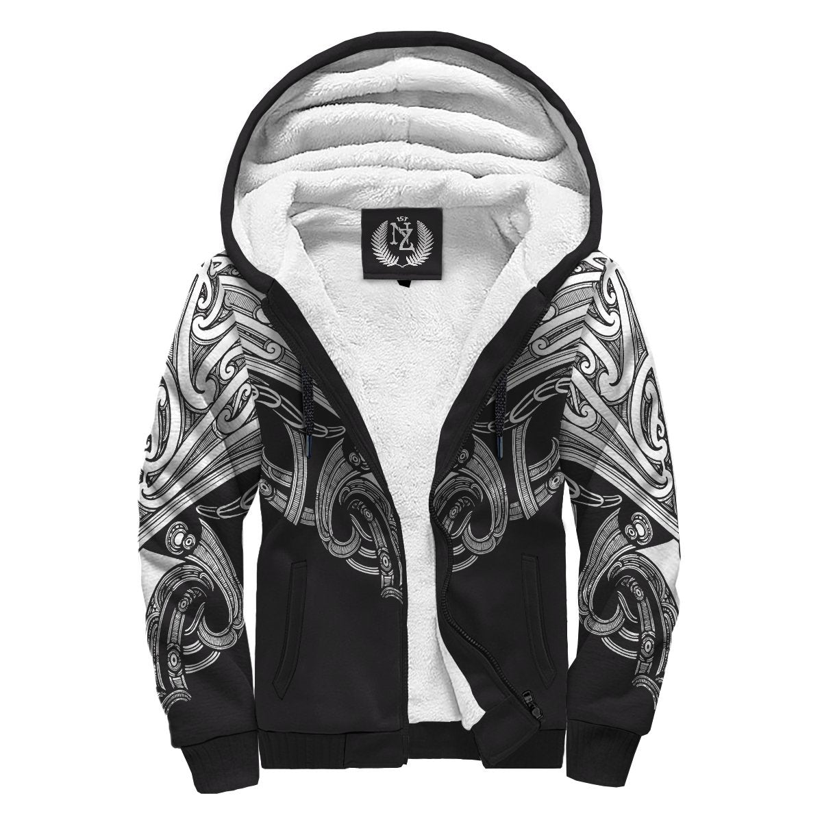 Maori Tattoo Sherpa Hoodie Koru White - Polynesian Pride