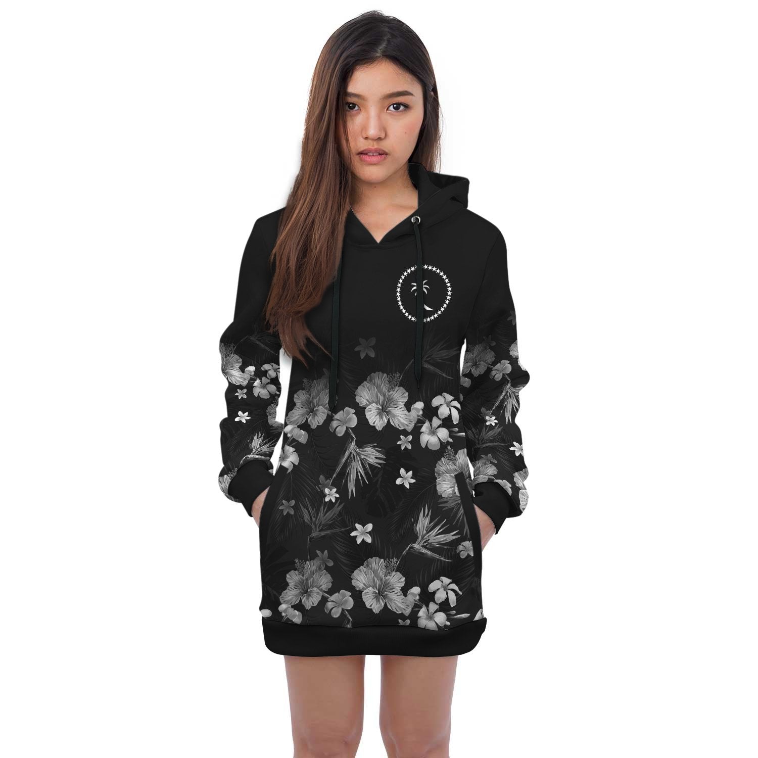 Chuuk Hoodie Dress - Chuuk Flag Hibiscus Special Black - Polynesian Pride