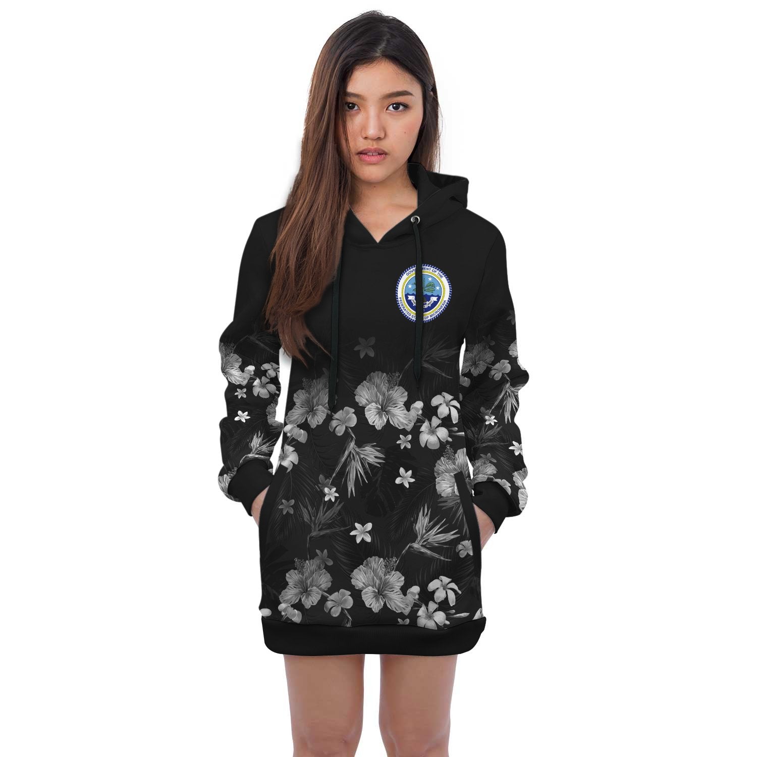 Federated States of Micronesia Hoodie Dress - Federated States of Micronesia Coat Of Arms Hibiscus Special Black - Polynesian Pride