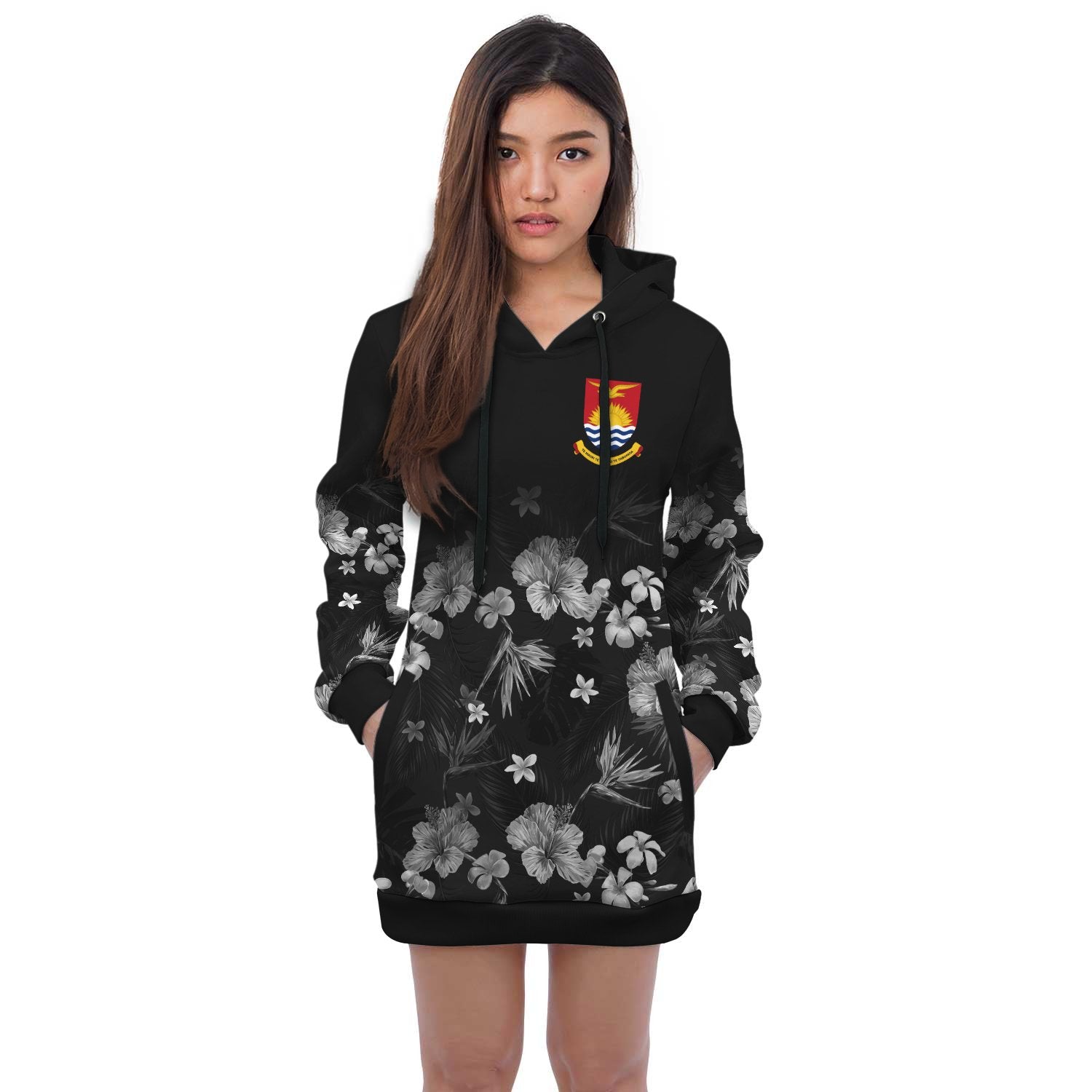 Kiribati Hoodie Dress - Kiribati Coat Of Arms Hibiscus Special Black - Polynesian Pride