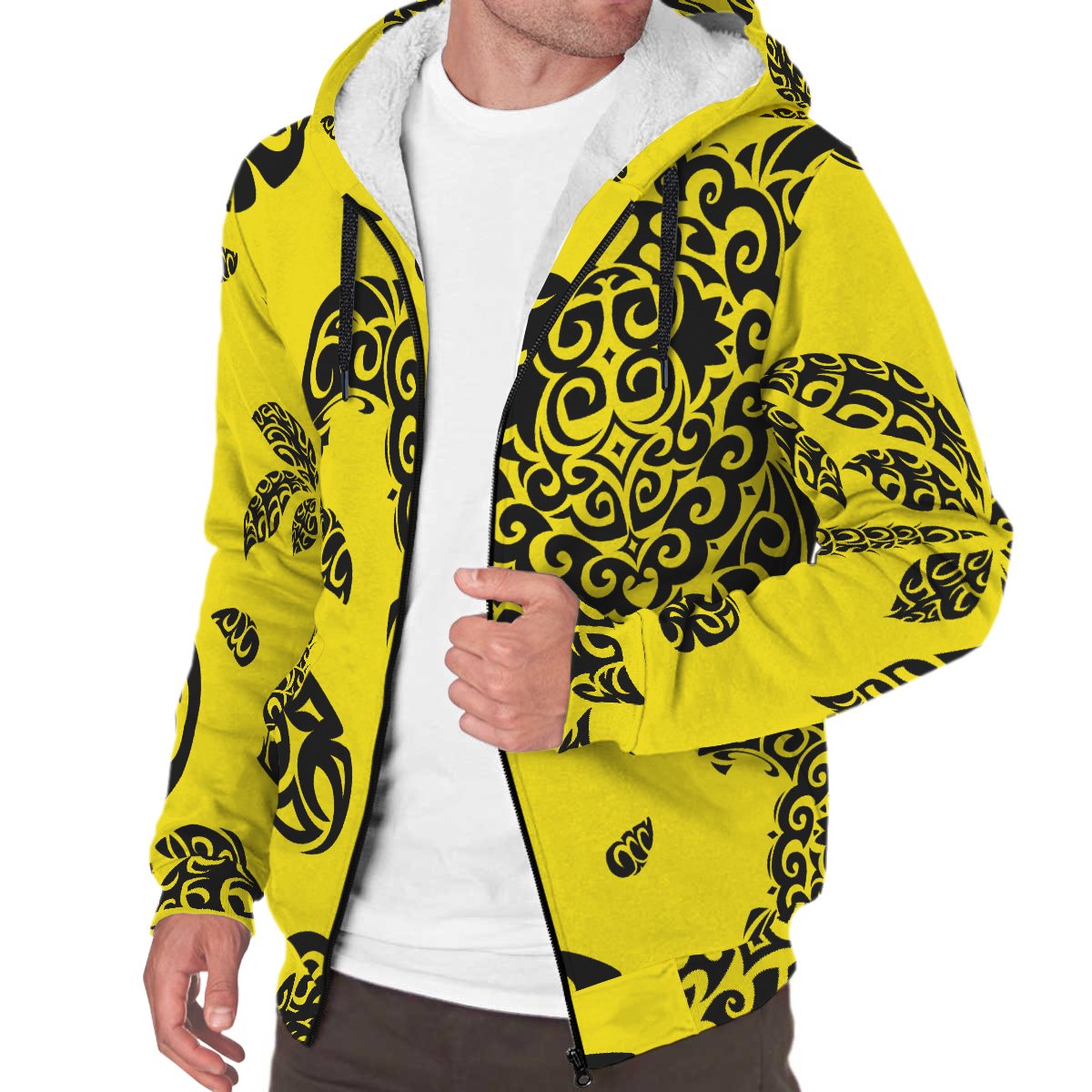 Polynesian Turtle Palm And Sea Pebbles Hawaii Sherpa Hoodie Yellow - Polynesian Pride
