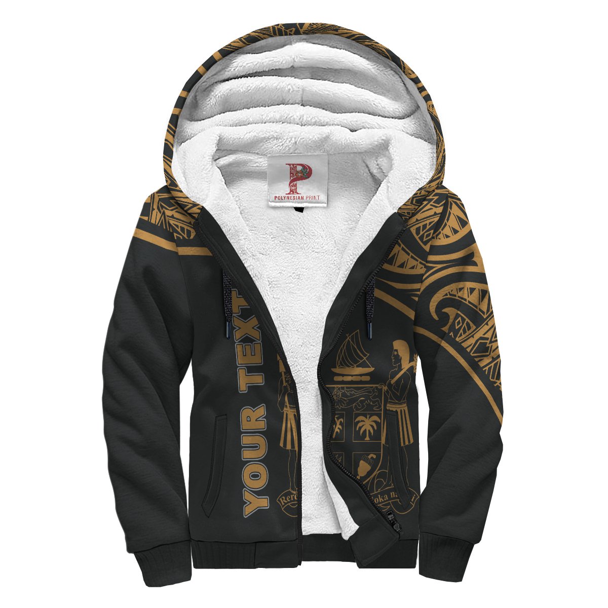 Fiji Polynesian Personalised Custom Sherpa Hoodie - Gold Curve Style Black - Gold - Polynesian Pride