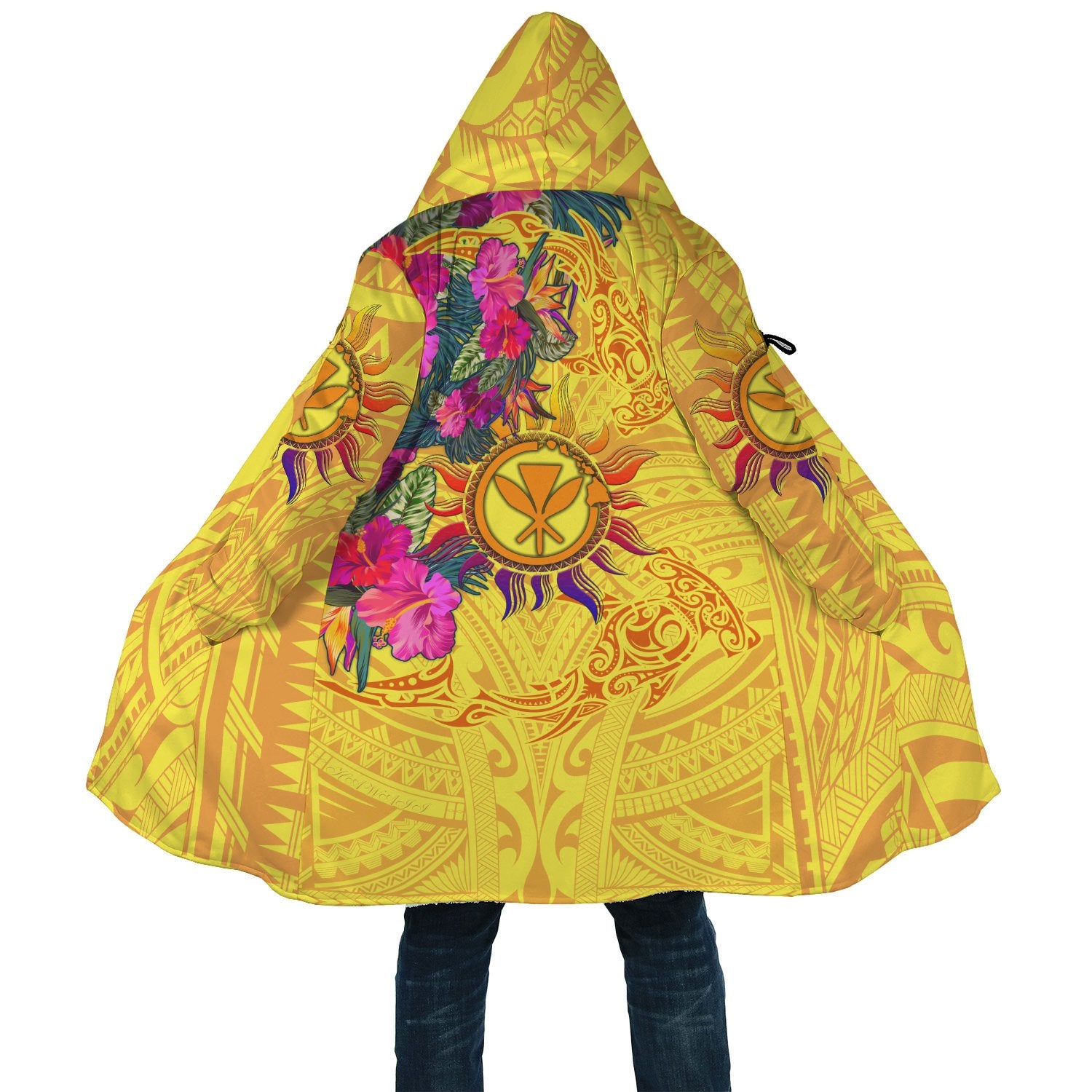 Polynesian Cloak - Hawaii Kanaka Maoli & Hibiscus Flowers With Polynesian Patterns Unisex Yellow - Polynesian Pride