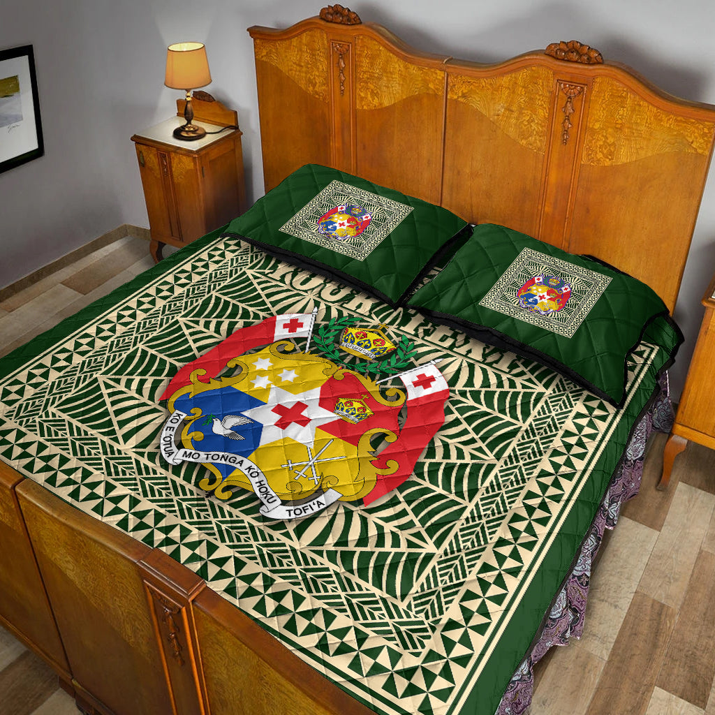 (Custom Personalised) Tonga Pattern Quilt Bed Set Coat of Arms - Green and Beige LT4 - Polynesian Pride