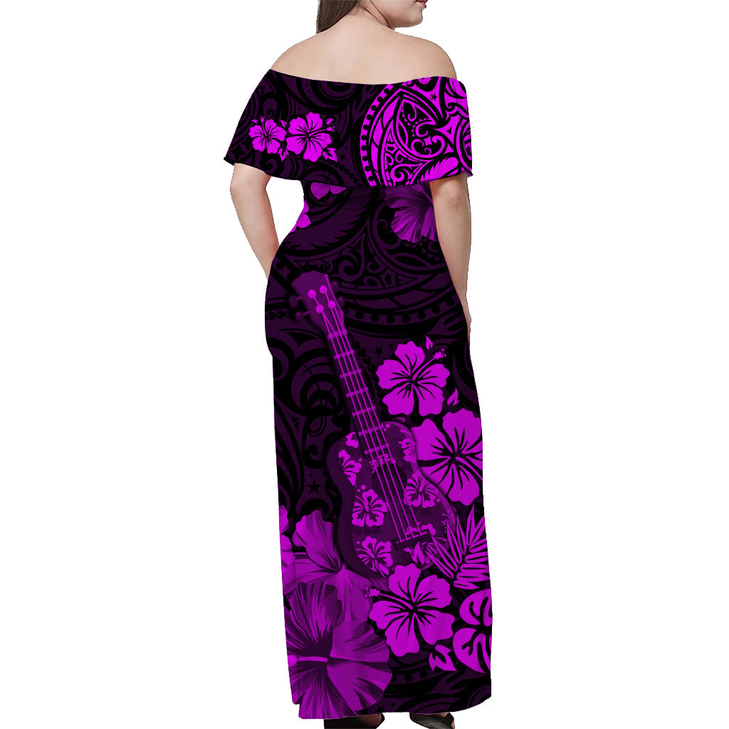 Hawaii Off Shoulder Long Dress Polynesia Purple Ukulele Flowers LT13 - Polynesian Pride