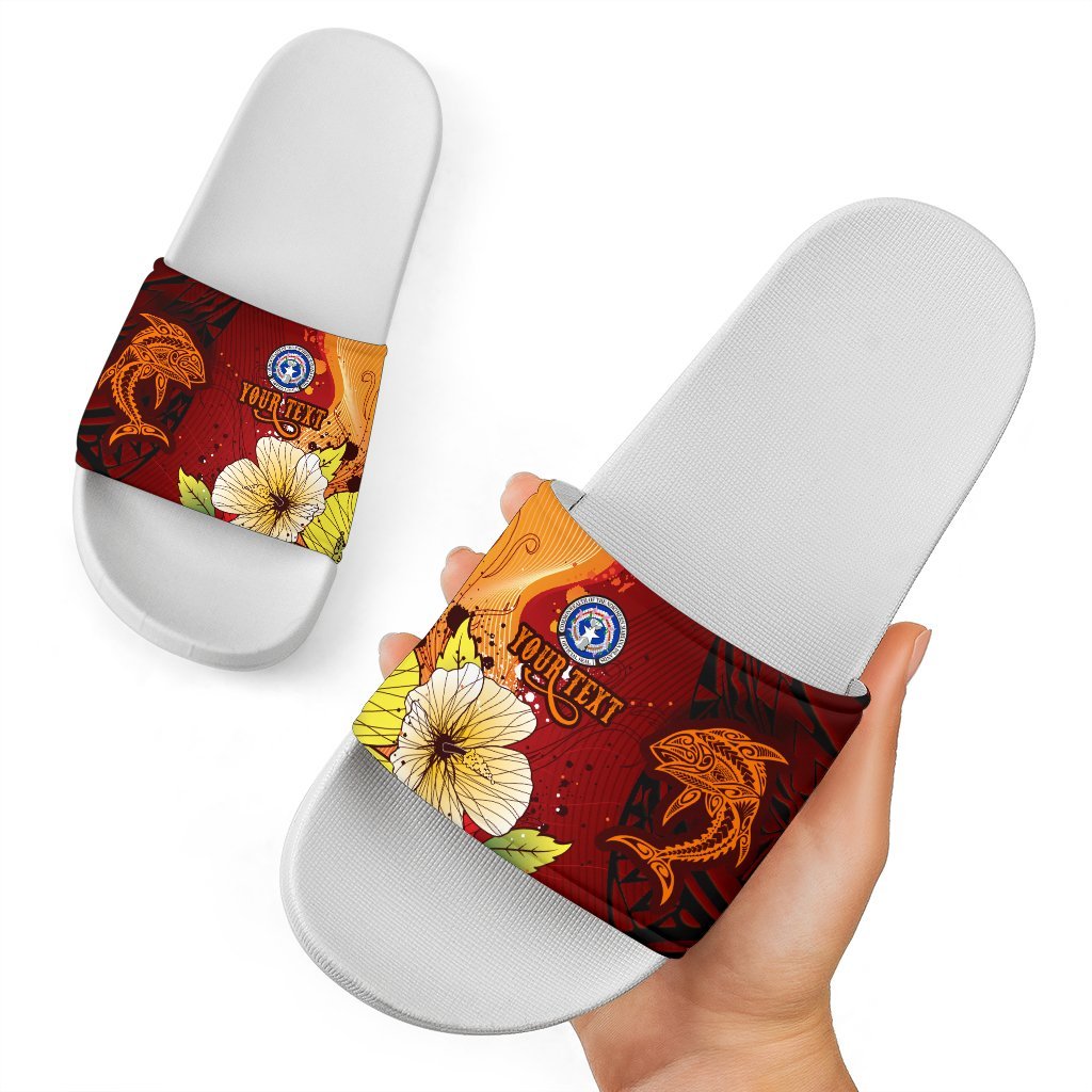 Northern Mariana Islands Custom Personalised Slide Sandals - Tribal Tuna Fish White - Polynesian Pride