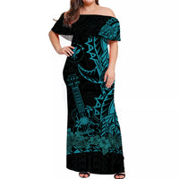 Hawaii Polynesian Off Shoulder Long Dress Ukulele Blue LT13 Long Dress Blue - Polynesian Pride