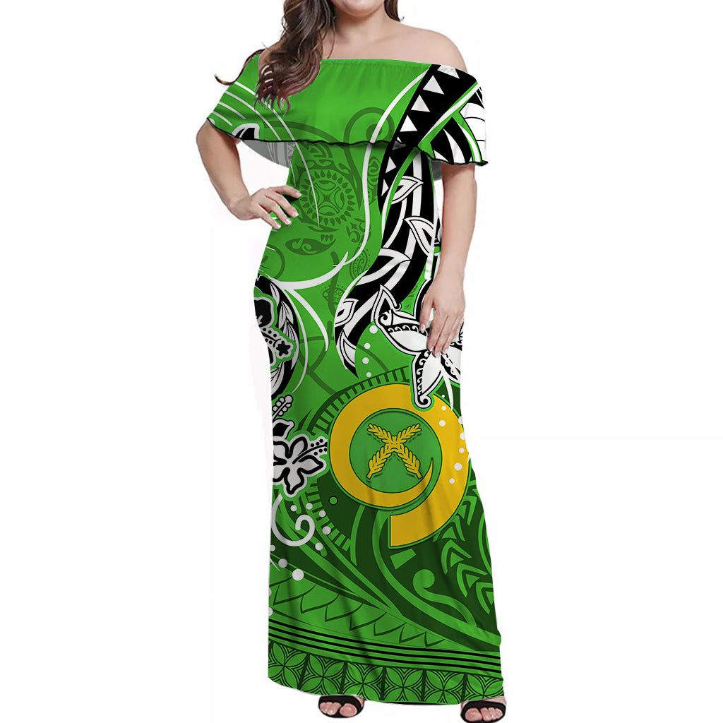 Vanuatu Color Off Shoulder Long Dress Pig Tusk Version Green LT13 Long Dress Green - Polynesian Pride