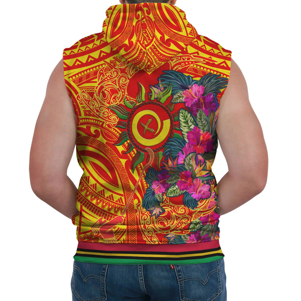 Polynesian Sleeveless Hoodie Vanuatu Symbols With Hibiscus - Polynesian Pride