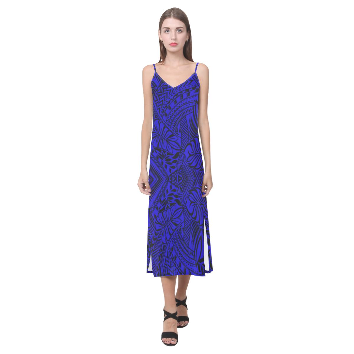 Tonga Pattern V - Neck Open Fork Long Dress - Blue Style Women Blue - Polynesian Pride