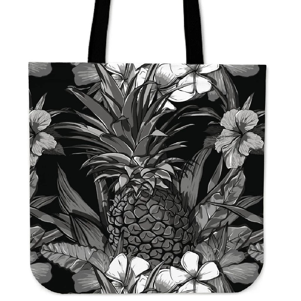 Pineapple Hibiscus Black And White Tote Bag Tote Bag One Size Black - Polynesian Pride