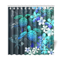 Kanaka Maoli (Hawaiian) Shower Curtain - Sea Turtle Tropical Hibiscus And Plumeria Blue - Polynesian Pride