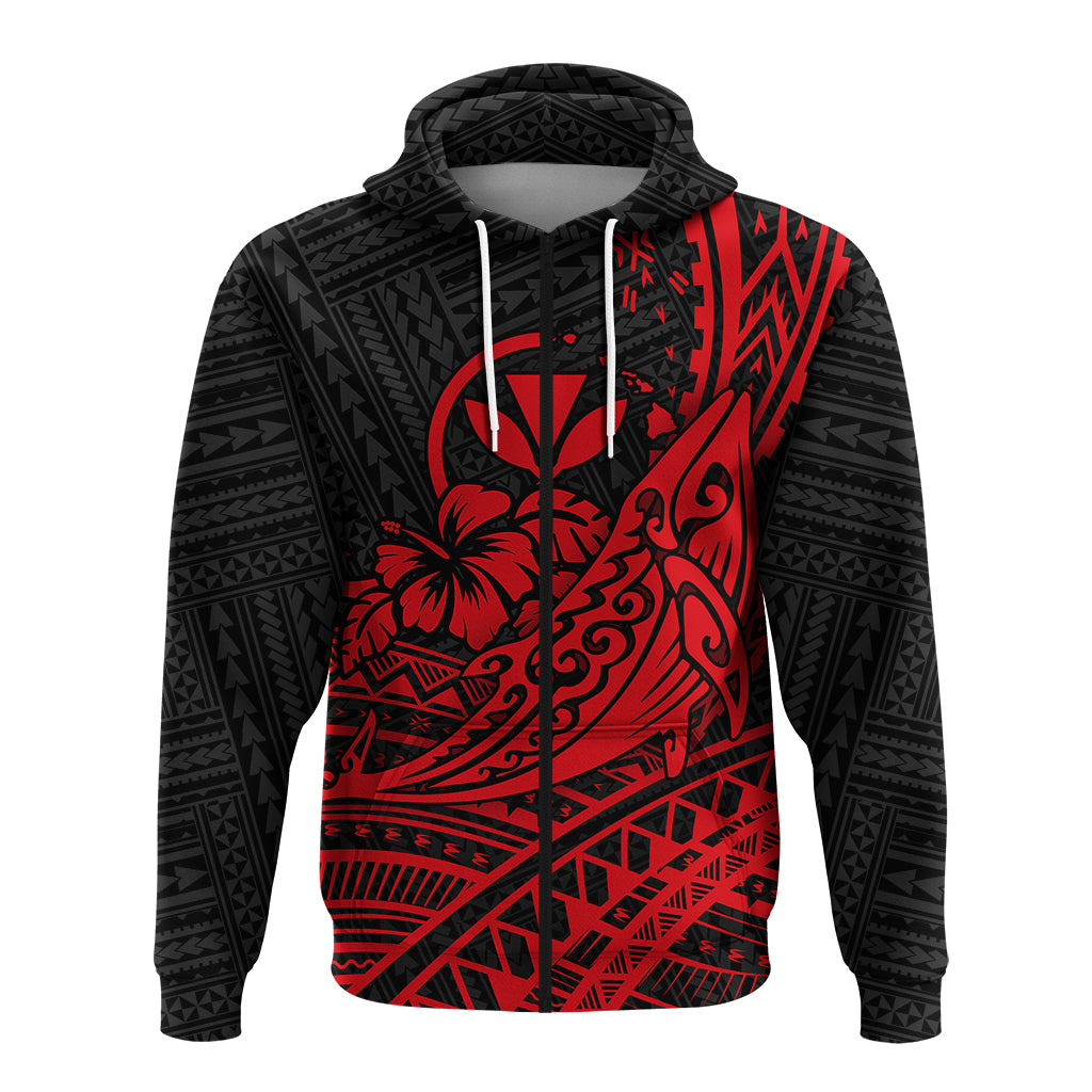 Hawaii Humpback Whale With Hibiscus Tribal Red Zip Hoodie LT12 - Polynesian Pride