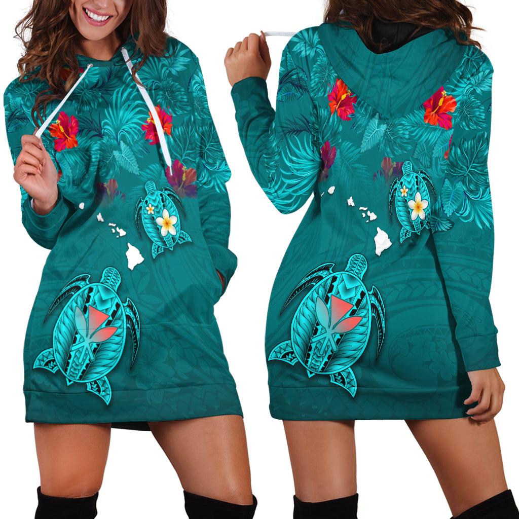 Hawaiian Islands Hoodie Dress - Hawaii Tropical Flowers and Turtles Turquoise LT13 Turquoise - Polynesian Pride