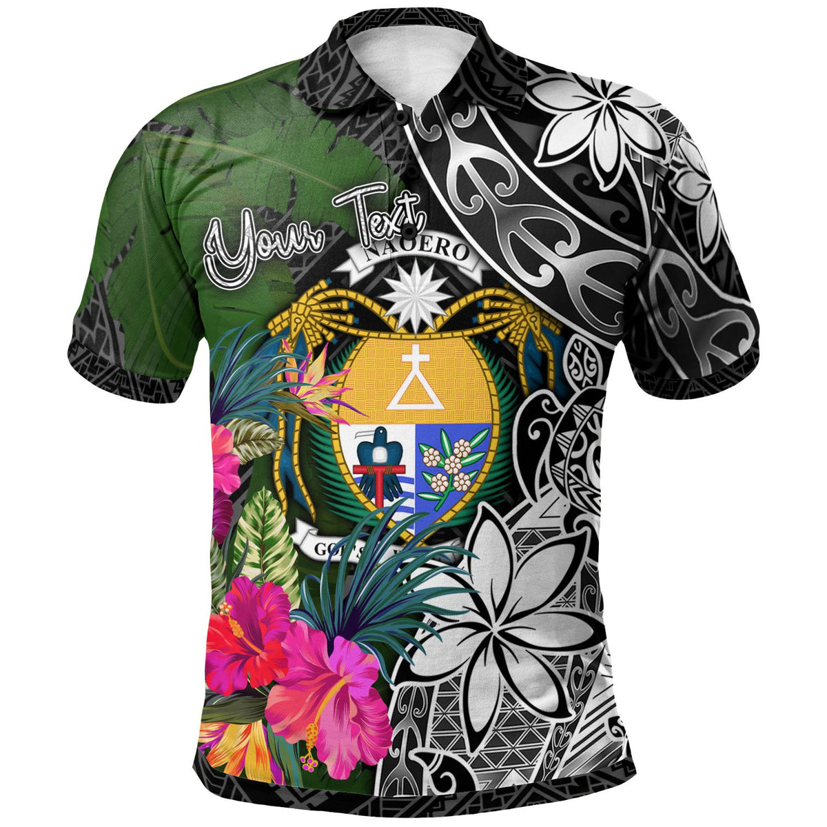 Nauru Custom Polo Shirt Turtle Plumeria Banana Leaf Crest Unisex Black - Polynesian Pride