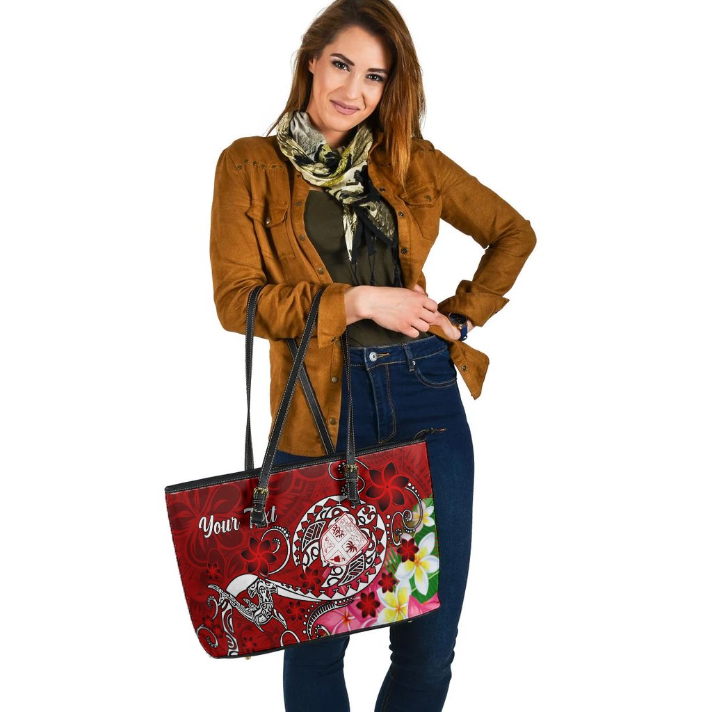 Fiji Custom Personalised Large Leather Tote Bag - Turtle Plumeria (Red) - Polynesian Pride