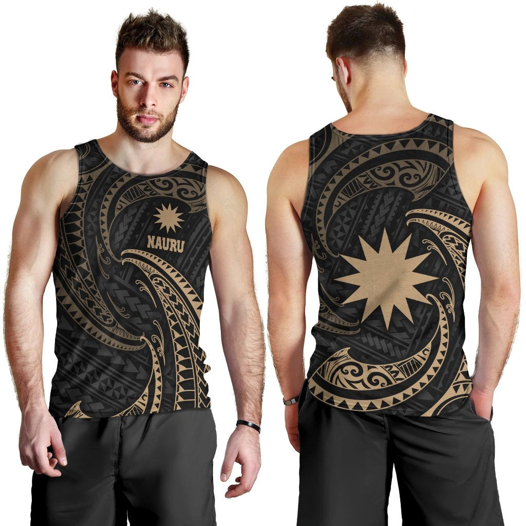 Nauru Polynesian Men's Tank Top - Gold Tribal Wave Black - Polynesian Pride