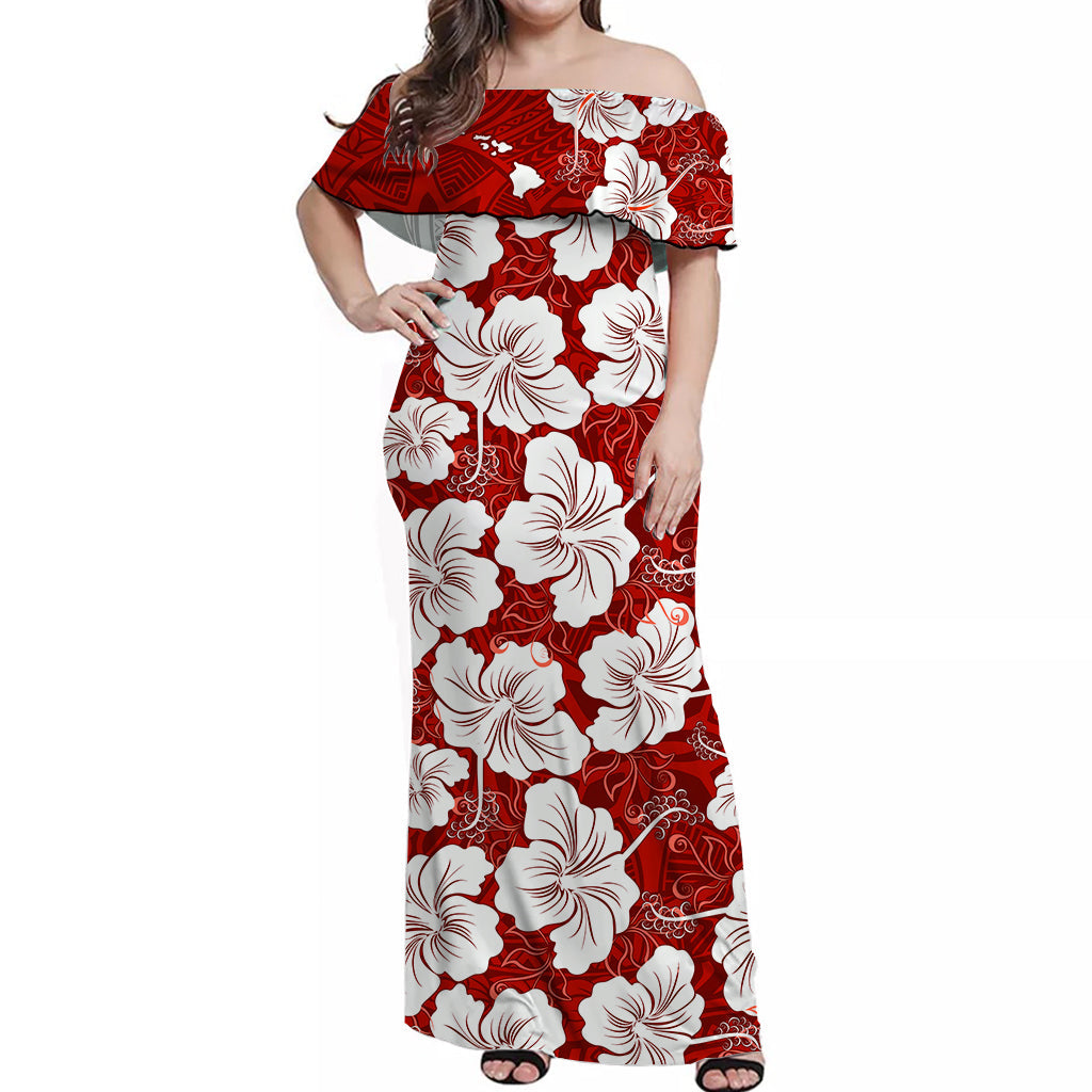 (Custom Personalised) Hawaii Off Shoulder Long Dress Red Simple Tropical Flowers LT13 Women Red - Polynesian Pride