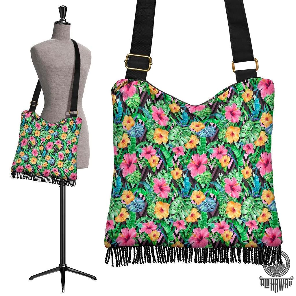 Hawaii Tropical Hibiscus Banana Leafs Crossbody Boho Handbag Crossbody Boho Handbag One Size Green - Polynesian Pride