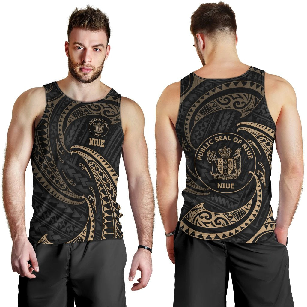 Niue Polynesian Men's Tank Top - Gold Tribal Wave Black - Polynesian Pride