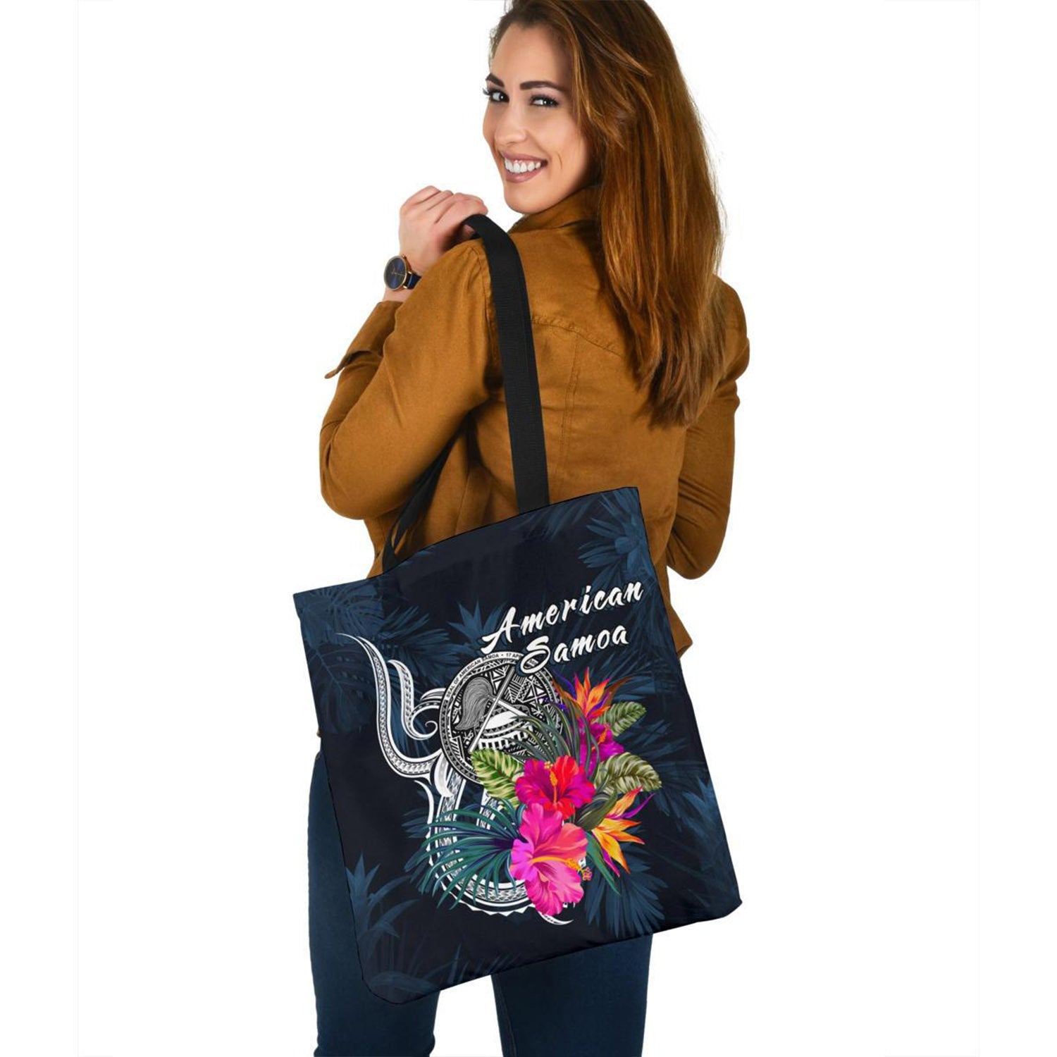 American Samoa Polynesian Tote Bag - Tropical Flower Tote Bag One Size Blue - Polynesian Pride