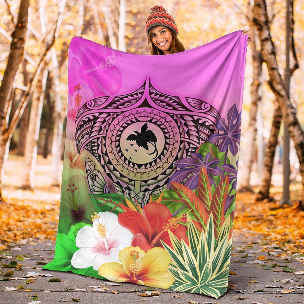 Papua New Guinea Polynesian Premium Blanket - Manta Ray Tropical Flowers - Polynesian Pride